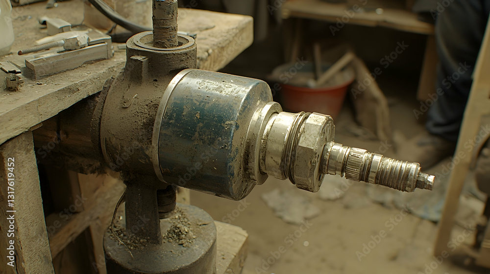 Dusty workshop machinery close-up; industrial tools and equipment; background shows cluttered workspace Dusty workshop machinery close-up; industrial tools and equipment; background shows cluttered workspace
