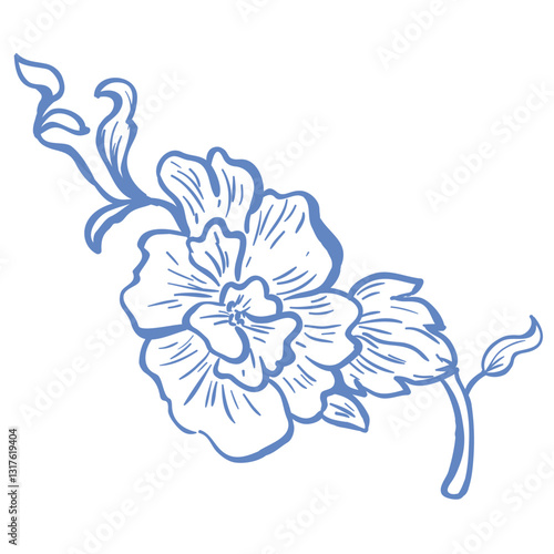 Line Art Blue Flower. Vector Illustration.