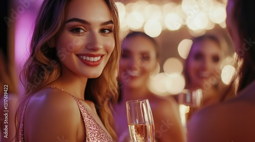 Pure celebration. Beautiful young women in evening gown holding champagne glasses and looking at camera with smile while celebrating in nightclub