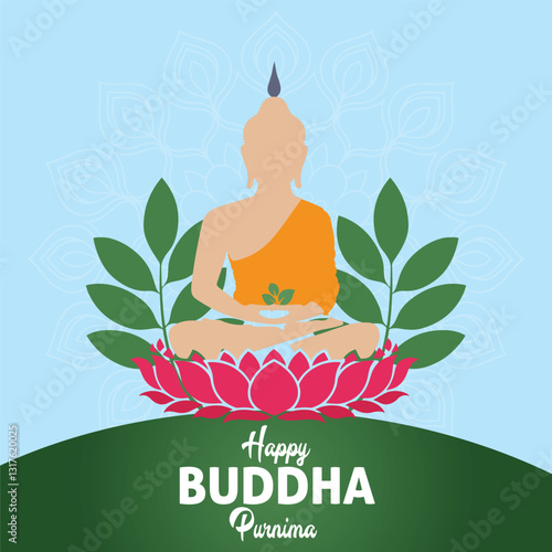 Vesak Day Buddha Purnima wishes greetings Card Template with silhouette of Buddha seated on a lotus flower