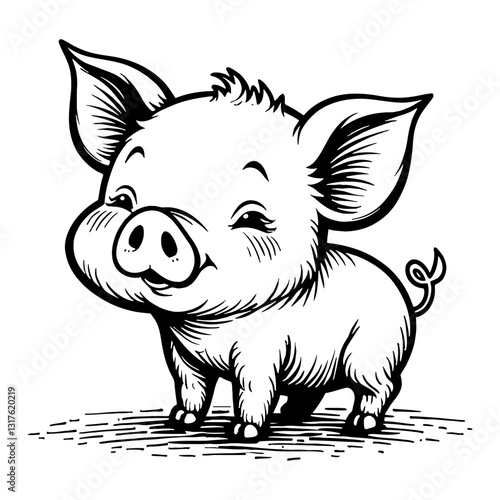 Adorable Kawaii Chibi Pig Smiling Front View Detailed Black and White Outline Line Art Drawing