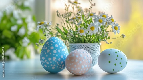 easter still life with easter eggs on the white table