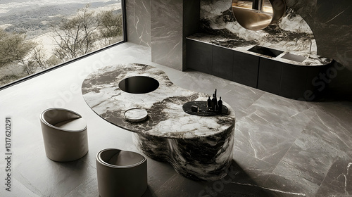 Modern kitchen island design, mountain view, luxury home interior, architectural digest style