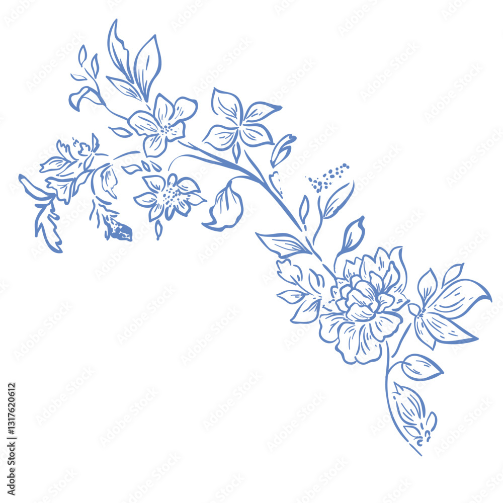 Fototapeta premium Line Art Blue Flower. Vector Illustration.