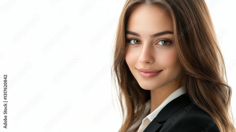 Perfect business lady. Beautiful young businesswoman looking at camera with smile while standing against white background Perfect business lady. Beautiful young businesswoman looking at camera with smile while standing against white background