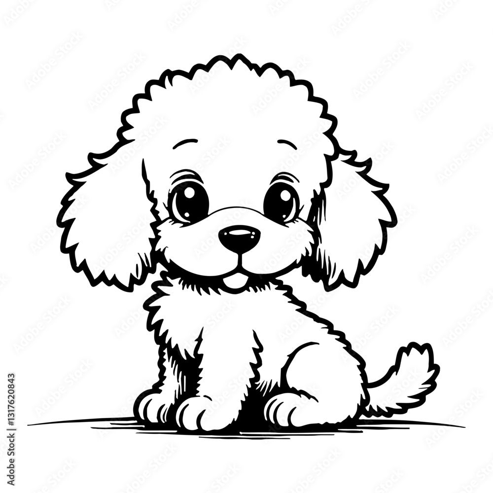 Cute Chibi Kawaii Poodle Puppy Sitting with Big Eyes in Detailed Black and White Outline Line Art Drawing Cute Chibi Kawaii Poodle Puppy Sitting with Big Eyes in Detailed Black and White Outline Line Art Drawing