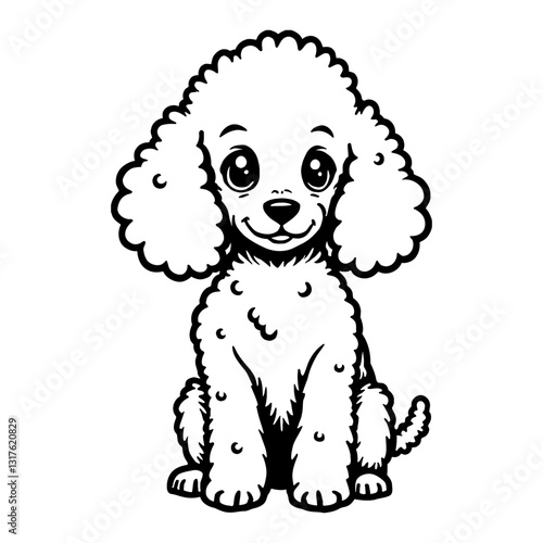 Cute Chibi Kawaii Poodle Puppy Cartoon Style Black and White Outline Line Art Drawing Illustration