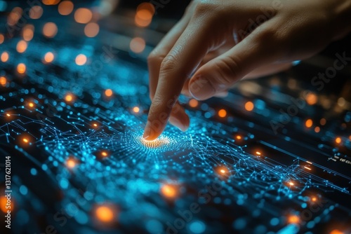 Fingertip interacts with glowing digital network