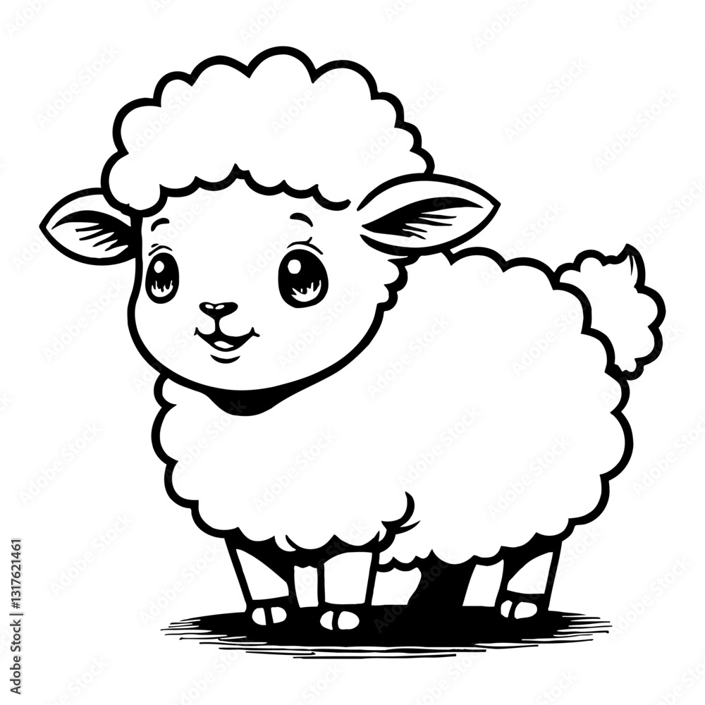 Cute Chibi Kawaii Sheep with Smiling Face Detailed Black and White Outline Line Art Drawing Cute Chibi Kawaii Sheep with Smiling Face Detailed Black and White Outline Line Art Drawing