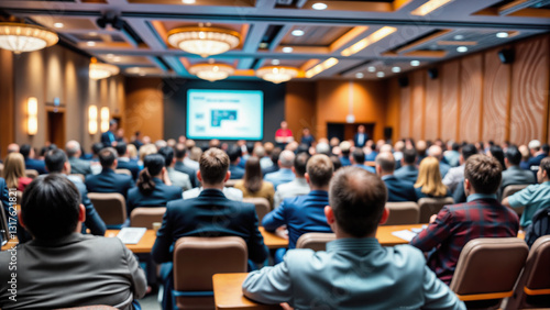Business conference in luxury venue with audience watching presentation. Corporate professionals attend seminar in elegant ballroom with chandeliers. Management executives gather for training event