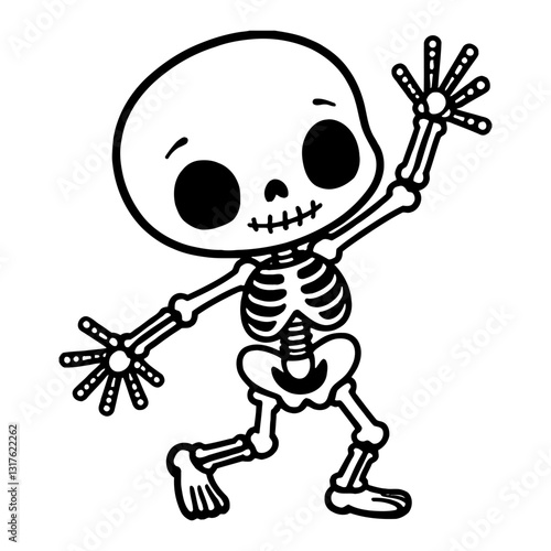 Cute Chibi Kawaii Skeleton Dancing with Joyful Pose Detailed Black and White Outline Line Art Drawing