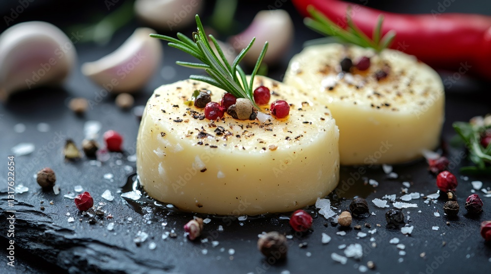 Grilled halloumi cheese with rosemary and pepper on black slate plate Grilled halloumi cheese with rosemary and pepper on black slate plate