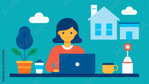 Laptop with Coffee An illustration of a remote virtual assistant working at a desk with a laptop open a steaming cup of coffee beside it and a peaceful home office environment.