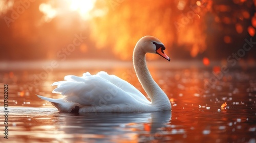 White swan swimming on lake at sunset