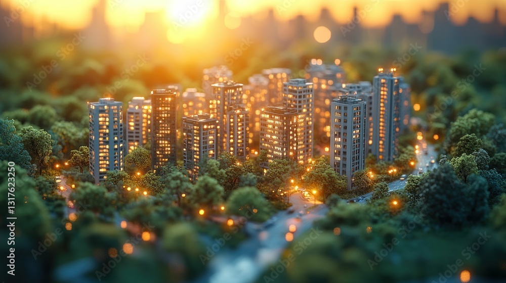 Obraz premium Illuminated city nestled within lush green trees