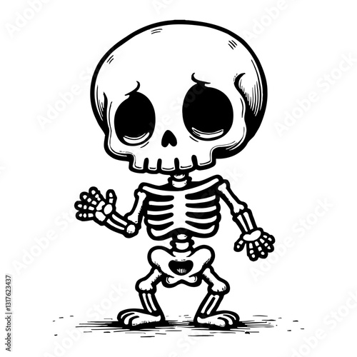 Cute Chibi Kawaii Skeleton in Sad Pose Standing Graphic Black and White Outline Line Art Drawing