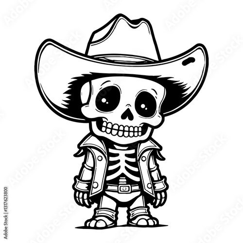 Cute Chibi Kawaii Skeleton in Cowboy Outfit Standing Front View Black and White Outline Line Art Drawing