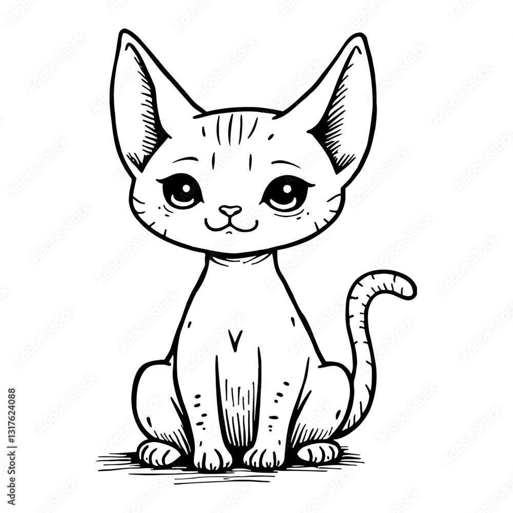 Fototapeta premium Cute Chibi Kawaii Sphynx Cat Sitting Front View Detailed Black and White Outline Line Art Drawing
