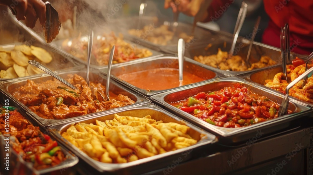 Fototapeta premium Food display featuring multiple pans of steaming, ready-to-eat dishes at a market
