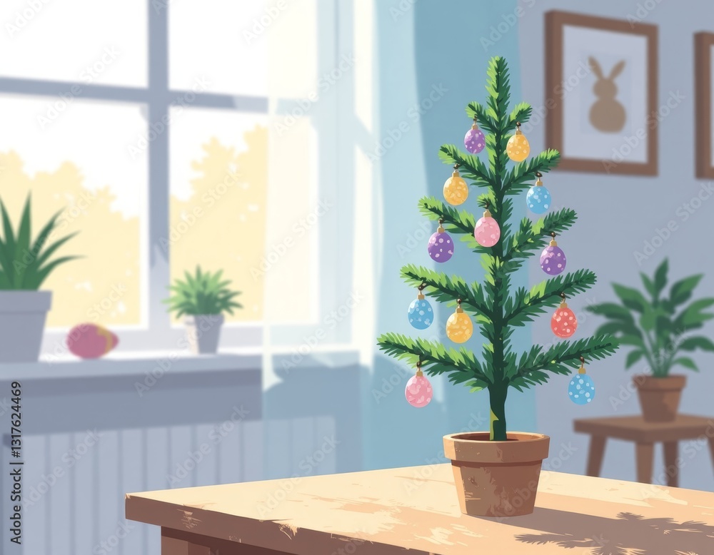 Easter Tree with Hanging Eggs Minimalist Flat Illustration for Decorative Copy Space Easter Tree with Hanging Eggs Minimalist Flat Illustration for Decorative Copy Space