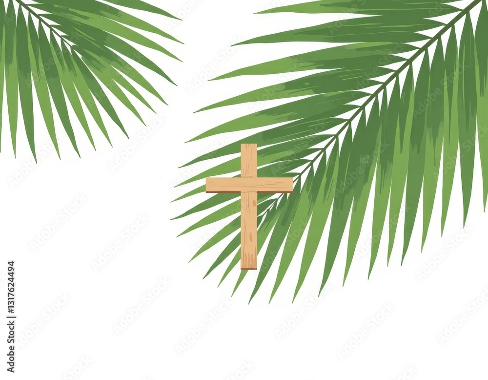 Fototapeta premium Minimalist Green Palm Fronds Fan Shape Cross Illustration, Daylight Flat Color Design, Copy Space for Text