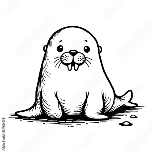 Cute Kawaii Walrus Chibi Sitting with Front View in Black and White Outline Line Art Drawing
