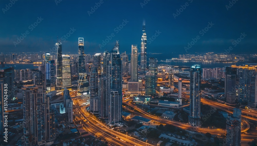 Fototapeta premium A sprawling urban landscape with winding roads and highways marked by streams of vehicle lights creating golden arteries through the city. 