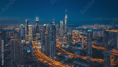 Wallpaper Mural A sprawling urban landscape with winding roads and highways marked by streams of vehicle lights creating golden arteries through the city.  Torontodigital.ca