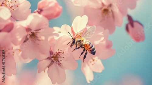 A close-up of a bee delicately collecting nectar from a blooming cherry blossom, with the vibrant pink petals and clear blue sky in the background