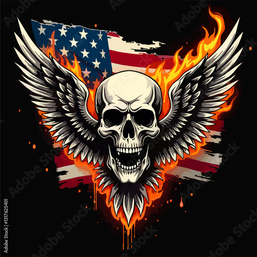 Biker vector t-shirt design with fire human skull,
wings, flame on usa flag background.
Fashionable print for fabric, paper, men clothing,
hoodie, jacket. T shirt american template.