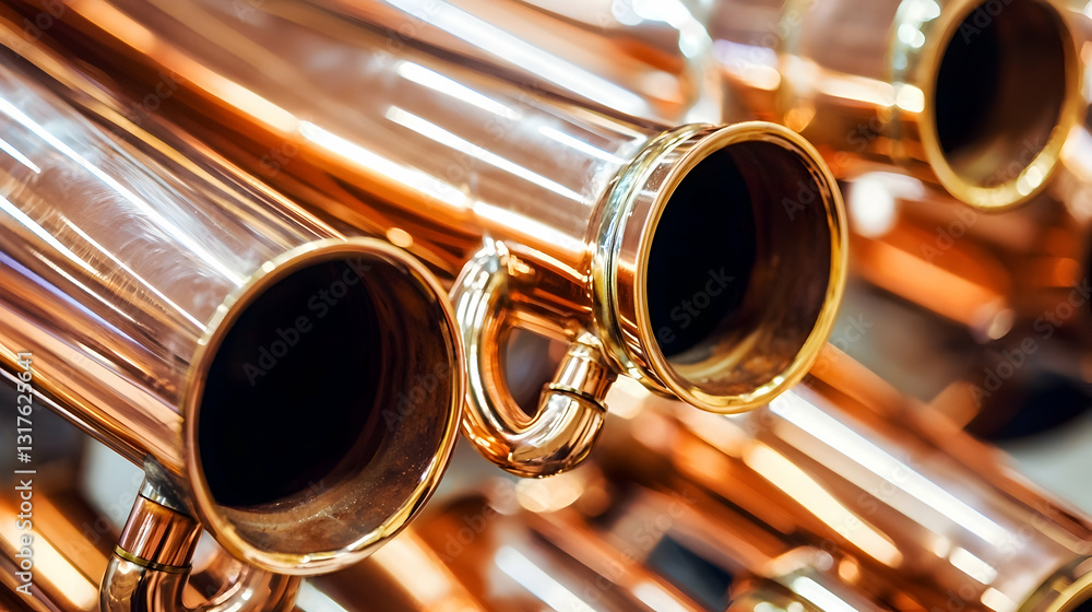 Naklejka premium Shiny copper pipes in distillery, close-up, industrial background, for alcohol production