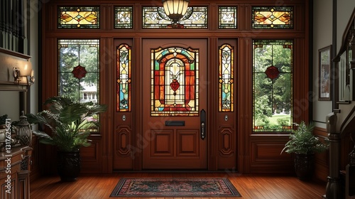 Timeless elegance captured in a Victorian style door with stained glass panels