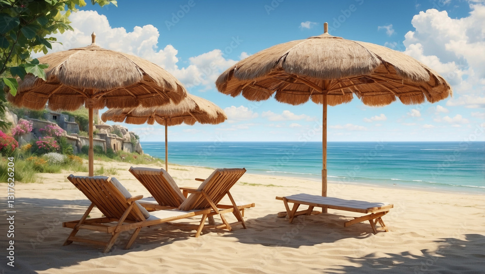 A Tranquil Scene of Thatched Beach Umbrellas by the Calm Sea on a Sunny Day A Tranquil Scene of Thatched Beach Umbrellas by the Calm Sea on a Sunny Day