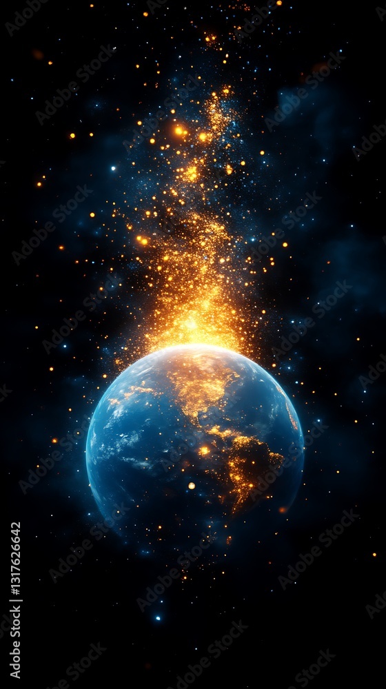 Obraz premium A glowing planet emerges surrounded by cosmic particles of light