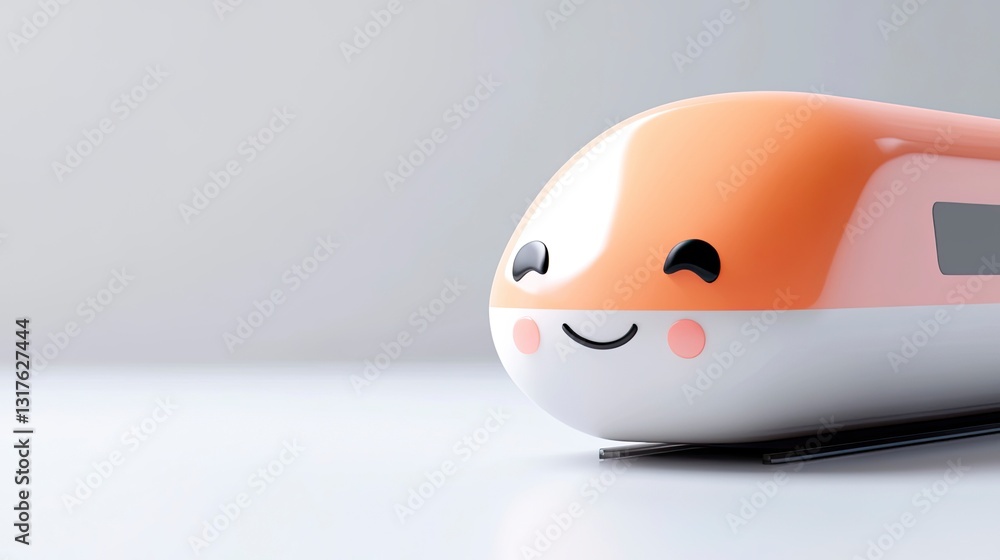 Fototapeta premium Cute cartoon train illustration, orange and white, smiling face, simple background.