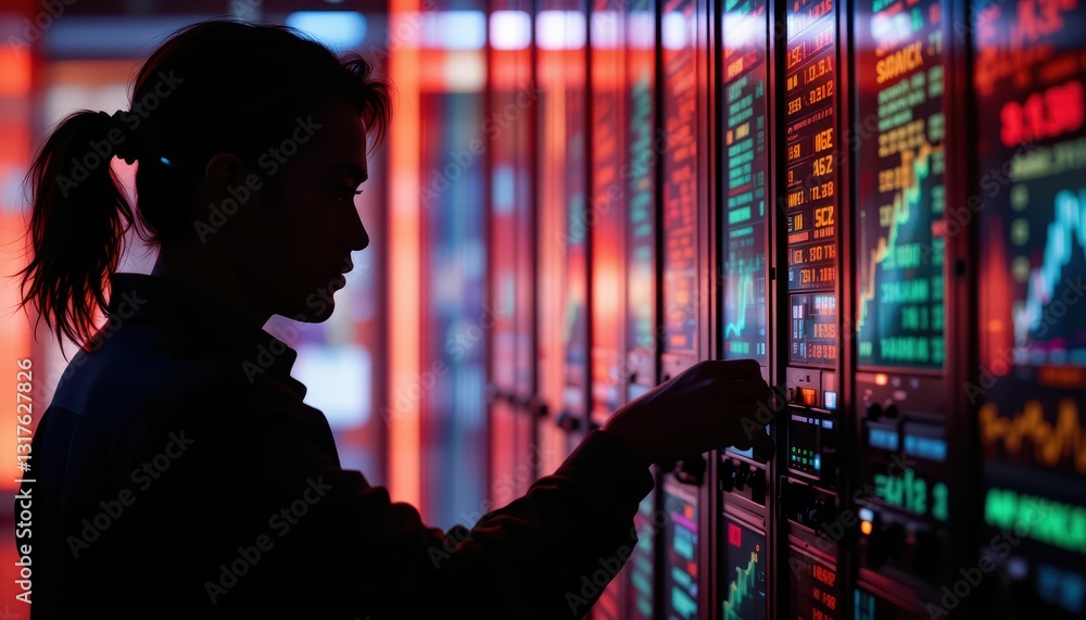 Obraz premium Silhouette of Trader Analyzing Stock Market Data in Neon Environment
