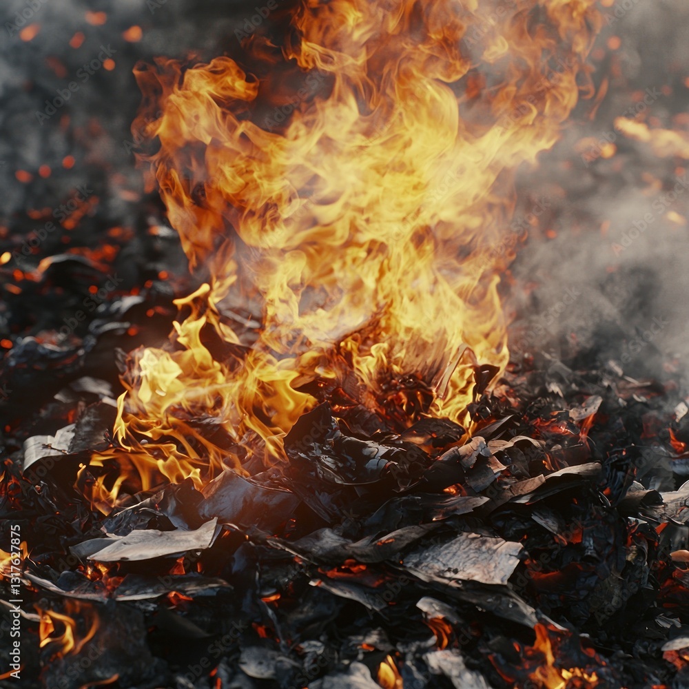 Burning debris pile, smoke and flames. Sharp, dark and intense colors Burning debris pile, smoke and flames. Sharp, dark and intense colors