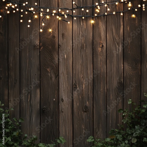Wooden fence adorned with string lights and green foliage below