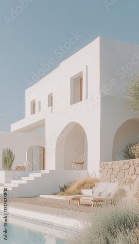 Fototapeta Naklejka Na Ścianę i Meble -  white cottage with arched pool, modern boho design with gravel and cactus landscape and a swing in the corner