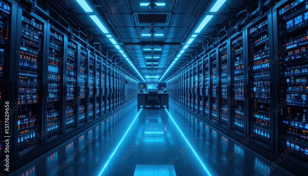 Futuristic Server Room with Blue LED Lights and High-Tech Equipment Futuristic Server Room with Blue LED Lights and High-Tech Equipment