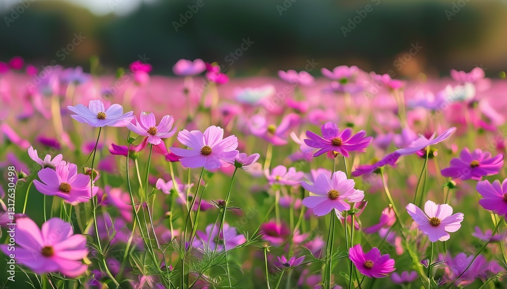 Ein weites Feld voller blühender Kosmeen in Pink, Rosa und Weiß unter strahlendem Sonnenlicht. Ein leichtes, sommerliches Naturmotiv voller Lebendigkeit. Generative KI. Ein weites Feld voller blühender Kosmeen in Pink, Rosa und Weiß unter strahlendem Sonnenlicht. Ein leichtes, sommerliches Naturmotiv voller Lebendigkeit. Generative KI.