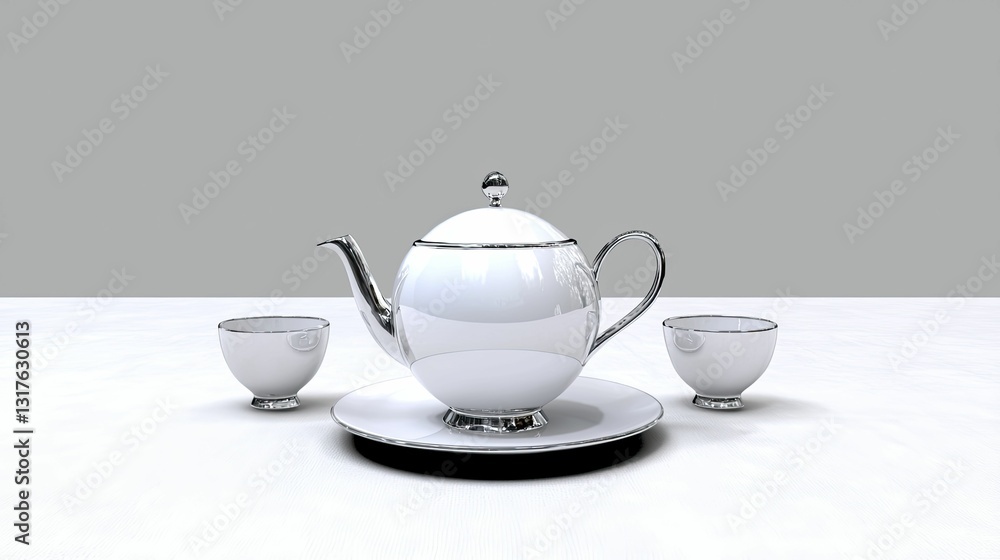 A delicate antique tea set, freshly cleaned, arranged on a plain white tablecloth, inviting afternoon tea. A delicate antique tea set, freshly cleaned, arranged on a plain white tablecloth, inviting afternoon tea.