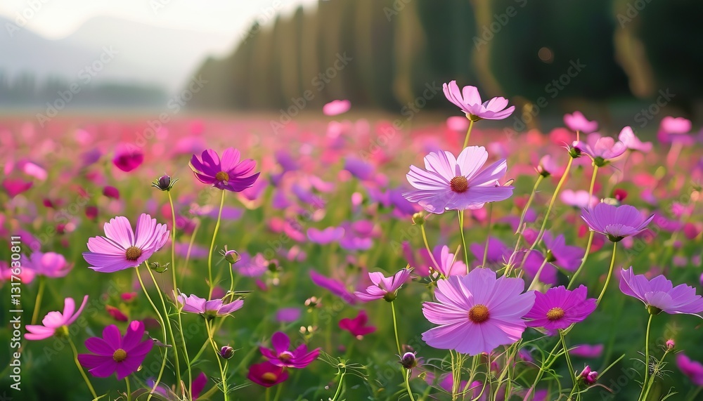 Ein weites Feld voller blühender Kosmeen in Pink, Rosa und Weiß unter strahlendem Sonnenlicht. Ein leichtes, sommerliches Naturmotiv voller Lebendigkeit. Generative KI. Ein weites Feld voller blühender Kosmeen in Pink, Rosa und Weiß unter strahlendem Sonnenlicht. Ein leichtes, sommerliches Naturmotiv voller Lebendigkeit. Generative KI.