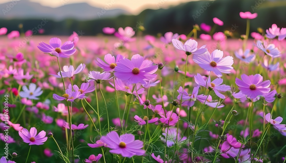 Fototapeta premium Ein weites Feld voller blühender Kosmeen in Pink, Rosa und Weiß unter strahlendem Sonnenlicht. Ein leichtes, sommerliches Naturmotiv voller Lebendigkeit. Generative KI.