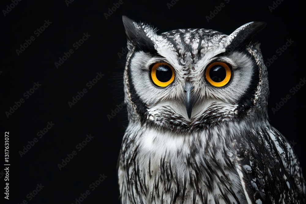 Obraz premium Close Up of Owl with Bright Yellow Eyes Against Black Background