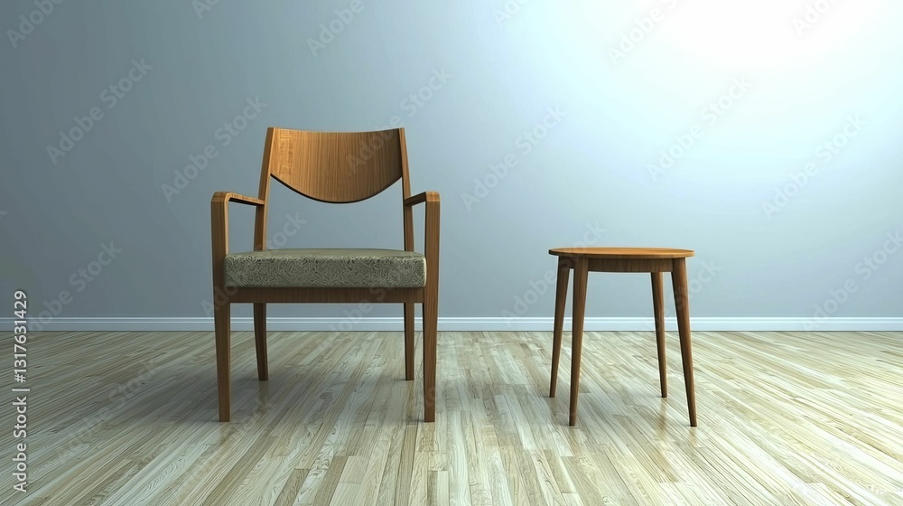 Fototapeta premium Vintage armchair alongside small antique side table, both showcasing exquisite craftsmanship against a soft, neutral background.