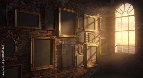 Framed Art on Brick Wall Near Window with Sunlight Streaming in