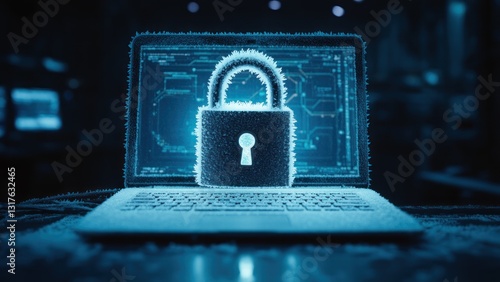Icy Cybersecurity: Frozen Padlock Protecting Data on a Laptop Against Digital Threats
