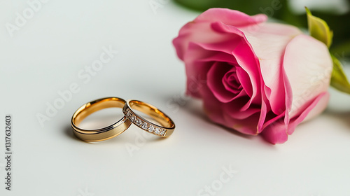 two golden wedding rings and a pink rose on white table