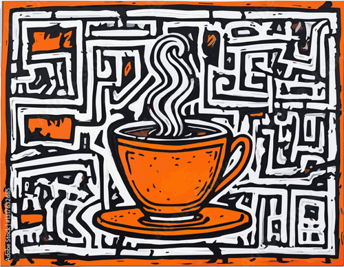 Orange coffee cup with saucer on a magical fancy background. Vector graphics.EPS.